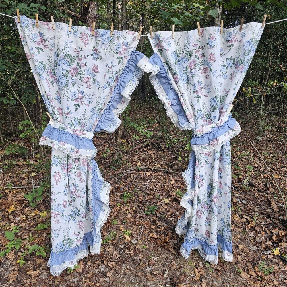 Vintage 80s JCPenney White Floral Curtain Panels w/ Blue Lace Ruffles & Tiebacks